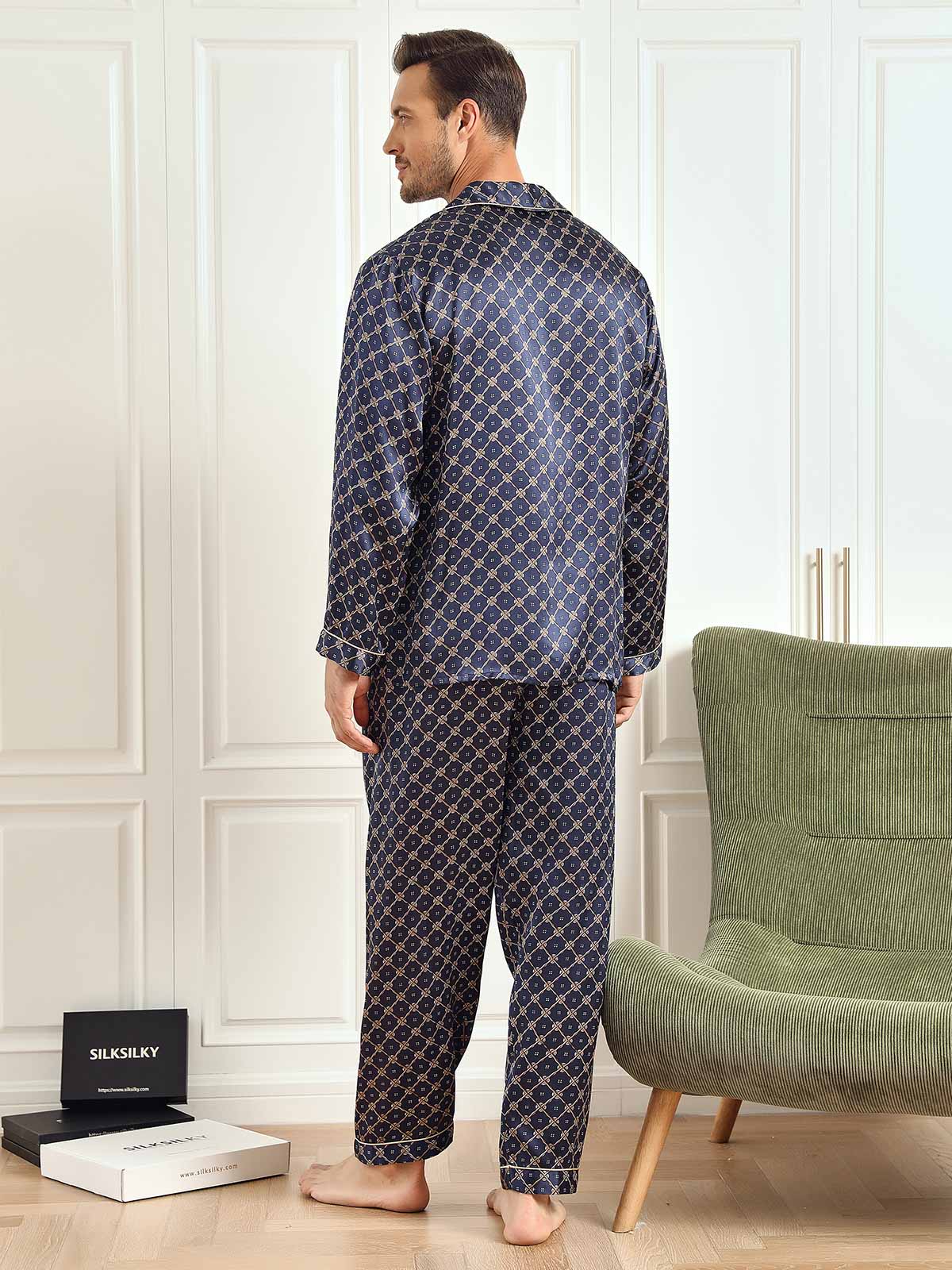 Ensemble De Pyjama Homme À Manches Longues En Soie Pure Avec Motif Chaîne Bleu Marine Et Pantalon - Image 9