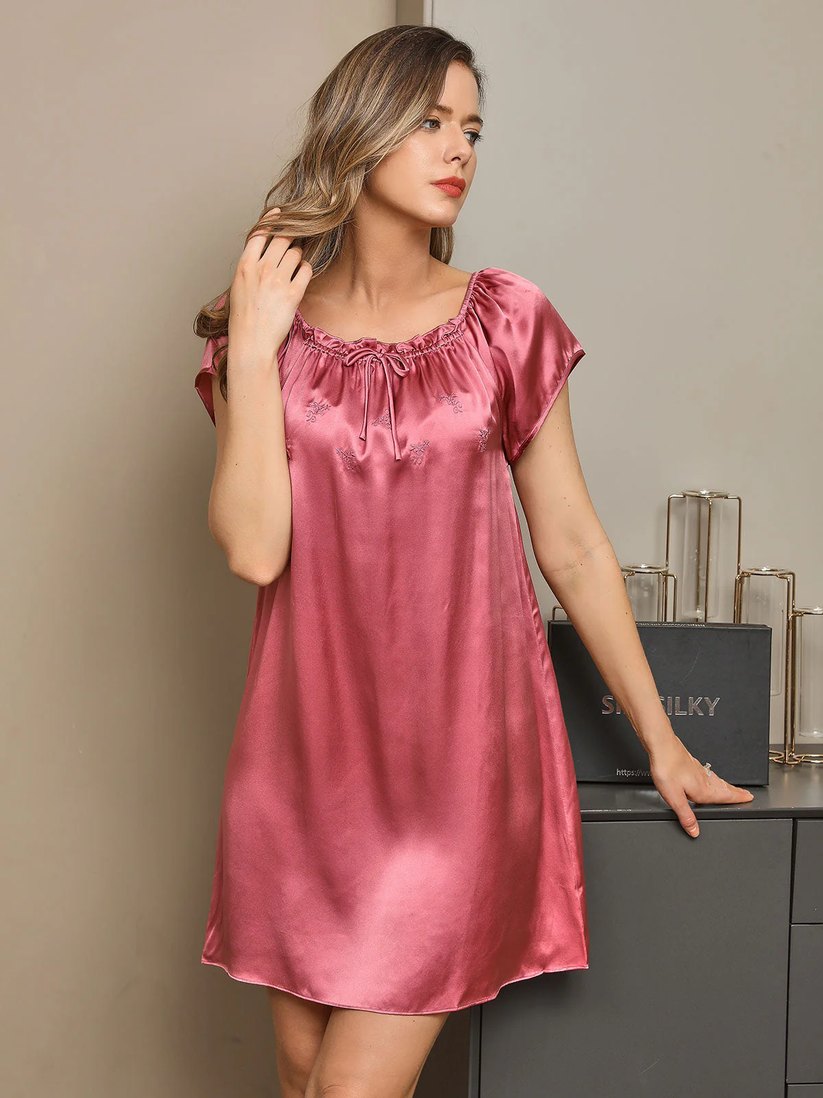 Pure Soie Manches Courtes Mignonne Chemise de Nuit - Image 6