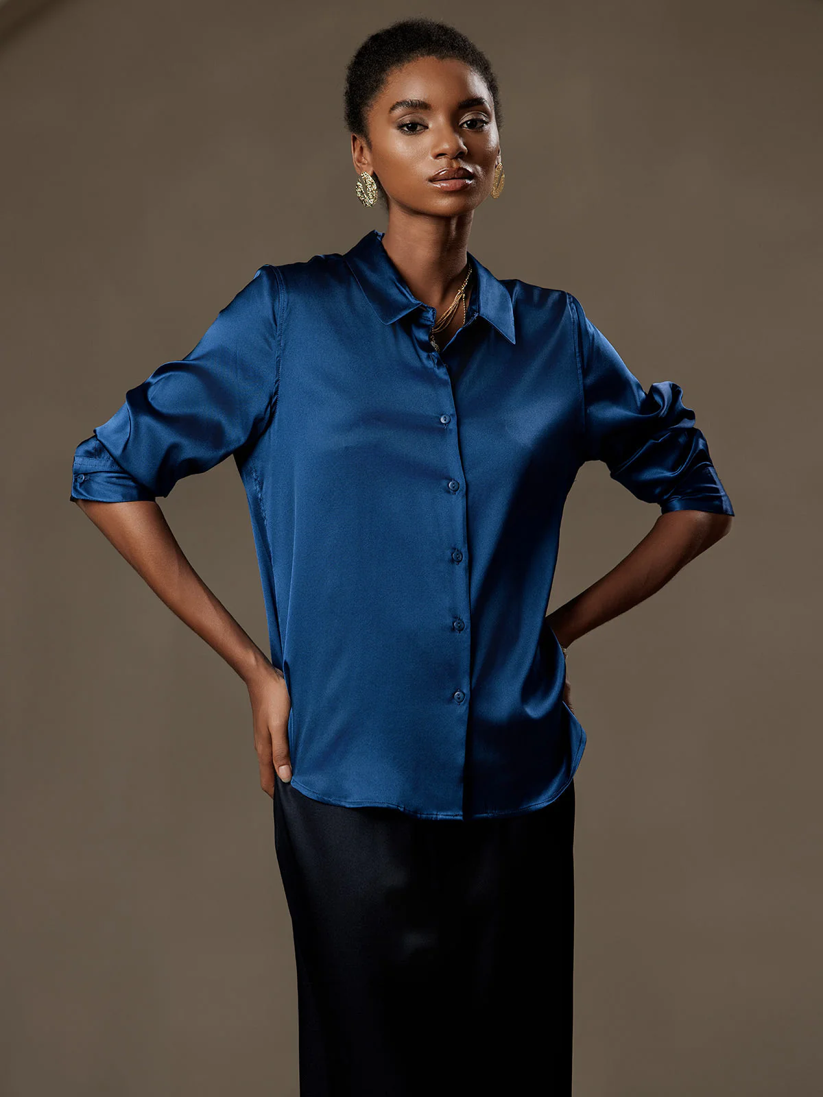 19Momme Soie Basique Col Militaire Chemise - Image 107