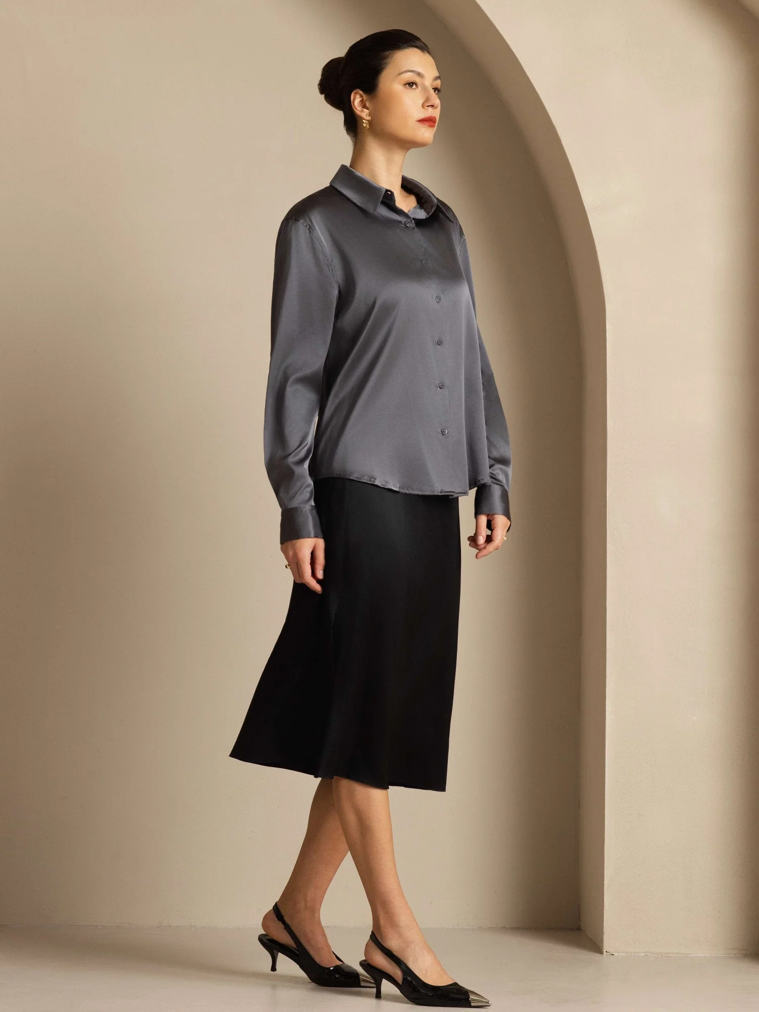 19Momme Soie Basique Col Militaire Chemise - Image 140