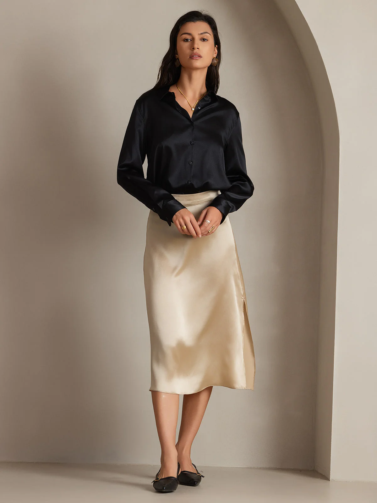 19Momme Soie Basique Col Militaire Chemise - Image 31