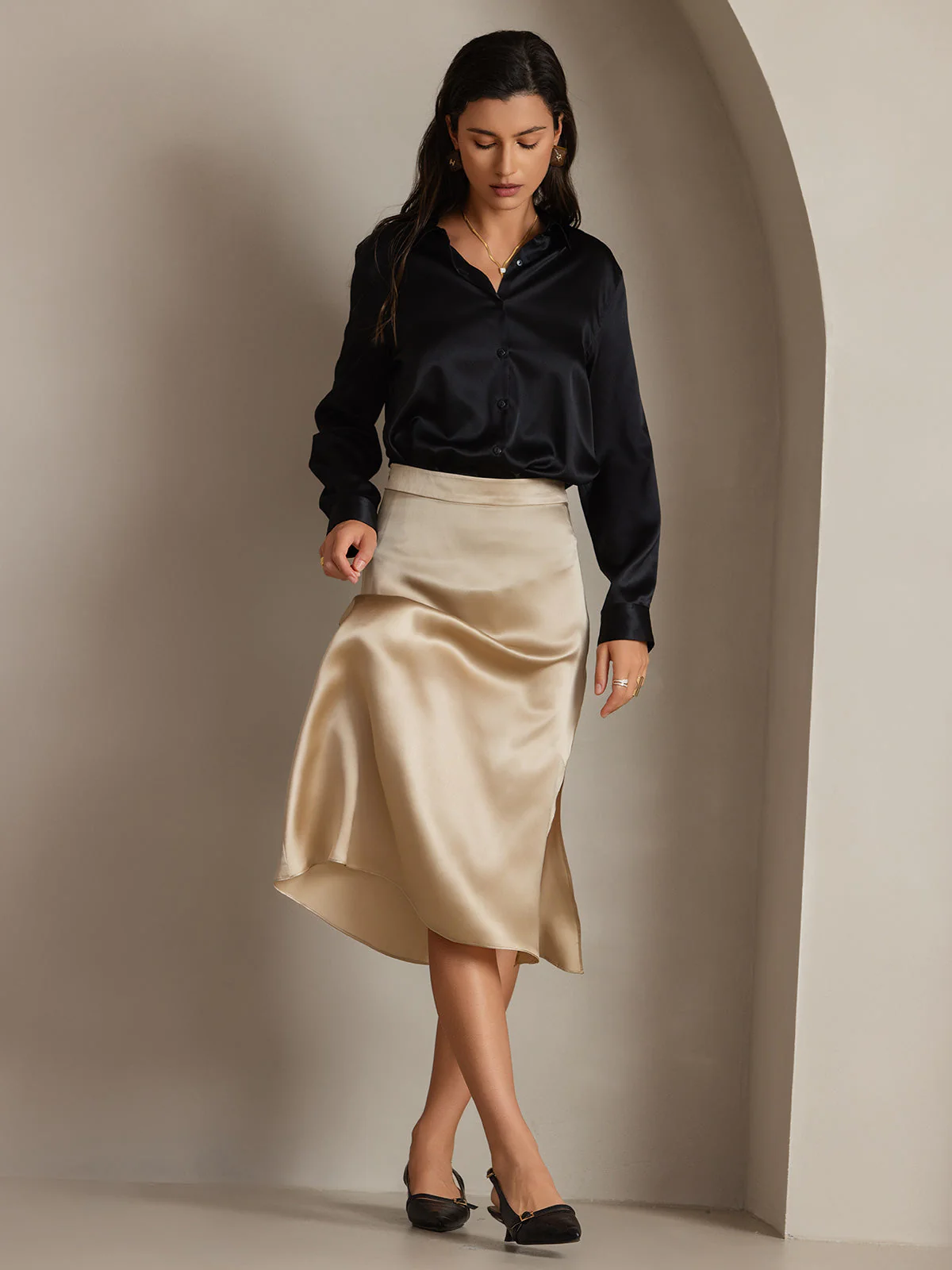 19Momme Soie Basique Col Militaire Chemise - Image 32