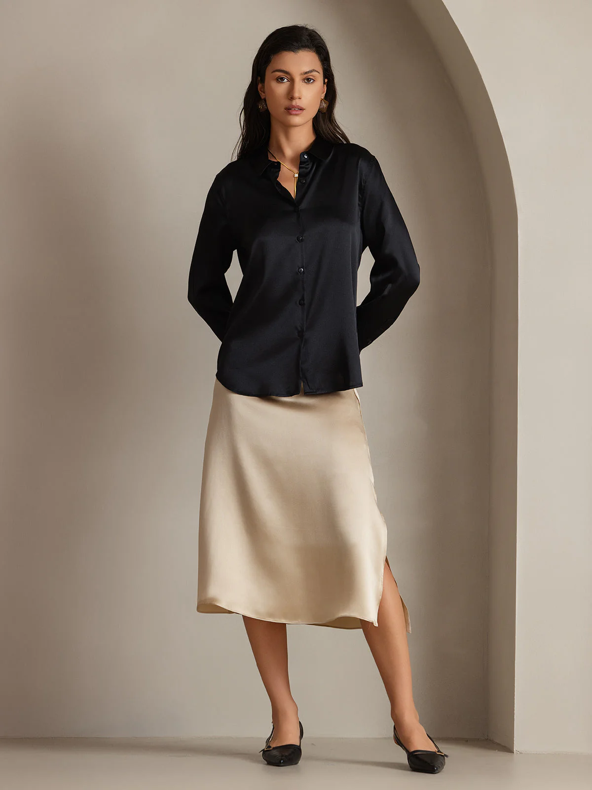 19Momme Soie Basique Col Militaire Chemise - Image 33