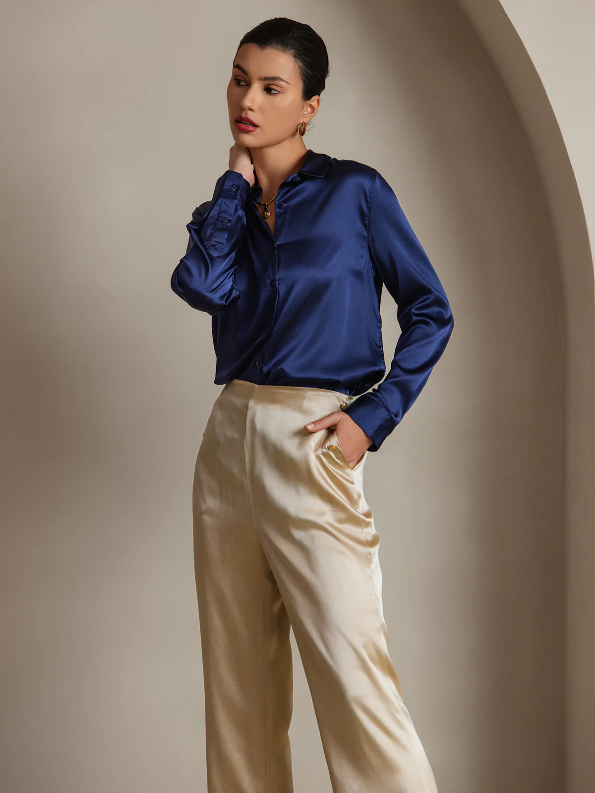 19Momme Soie Basique Col Militaire Chemise - Image 46