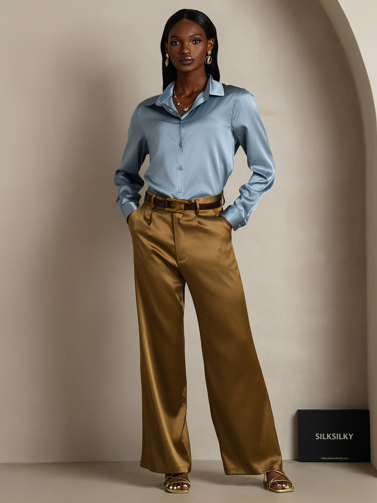 19Momme Soie Basique Col Militaire Chemise - Image 68