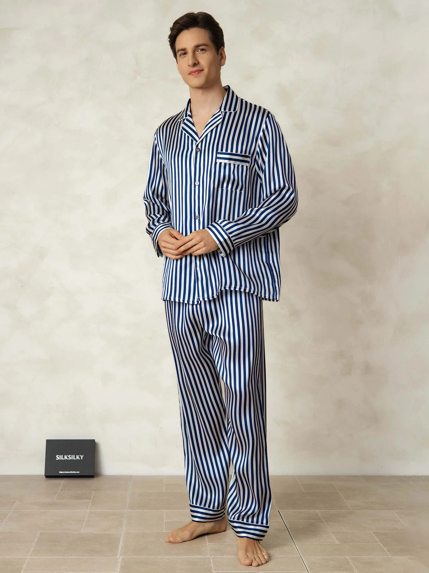 Ensemble Pyjama Homme En Pure Soie À Rayures Manches Longues Col Revers - Image 3
