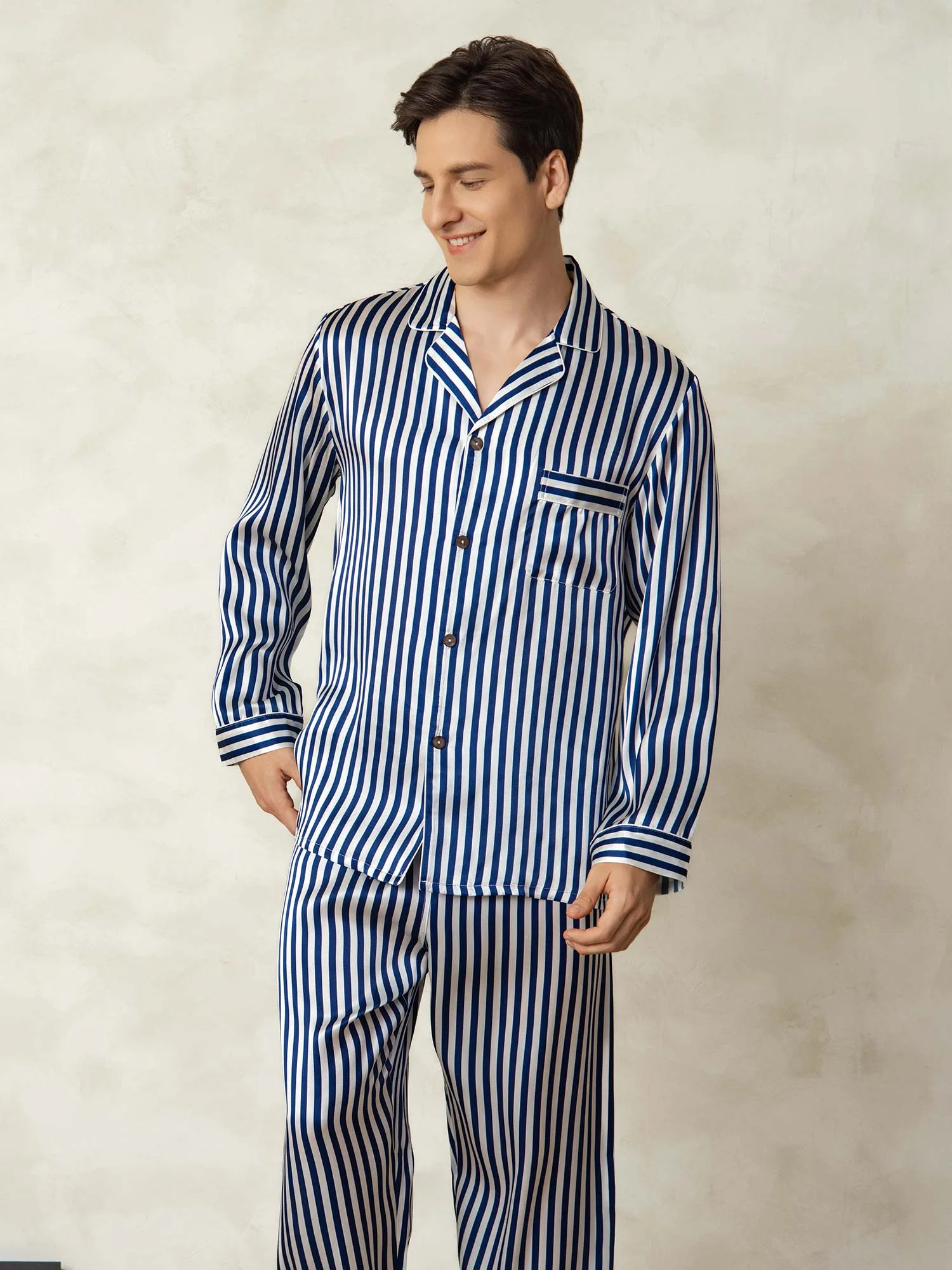 Ensemble Pyjama Homme En Pure Soie À Rayures Manches Longues Col Revers - Image 5