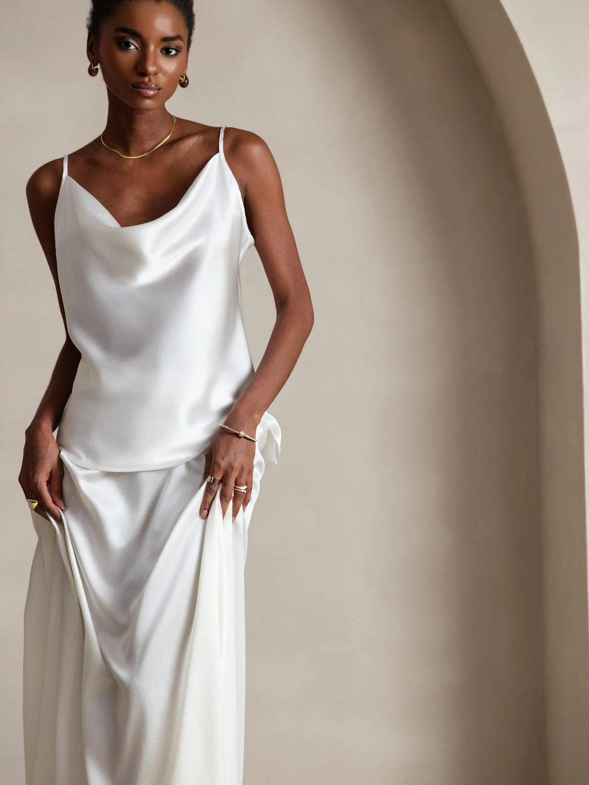 19Momme Soie Col Bénitier Bretelles Spaghetti Camisole Haut Débardeur - Image 3