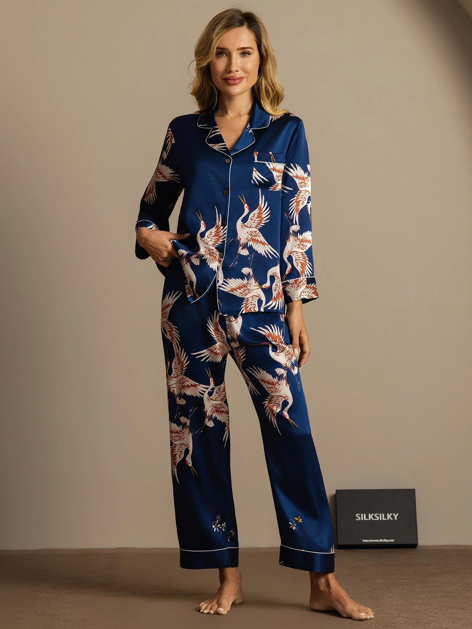 Ensemble De Pyjama En Soie Pure 19Momme Pour Femme À Revers Et À Manches Longues Avec Imprimé Grue - Image 13