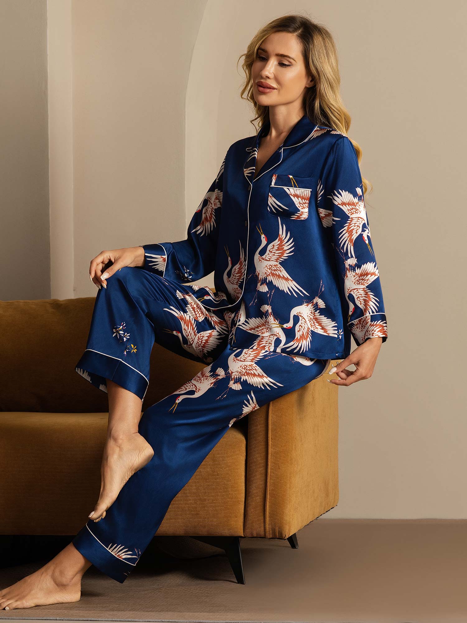 Ensemble De Pyjama En Soie Pure 19Momme Pour Femme À Revers Et À Manches Longues Avec Imprimé Grue - Image 15