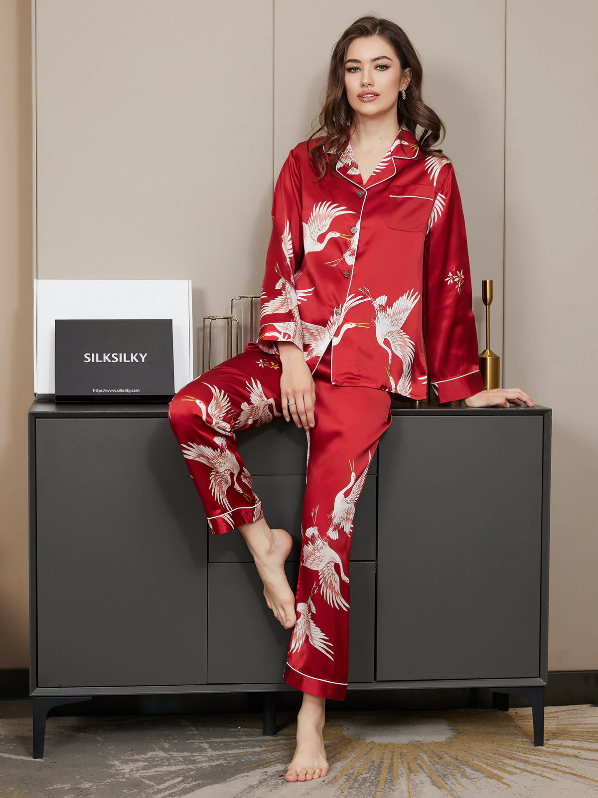 Ensemble De Pyjama En Soie Pure 19Momme Pour Femme À Revers Et À Manches Longues Avec Imprimé Grue - Image 17