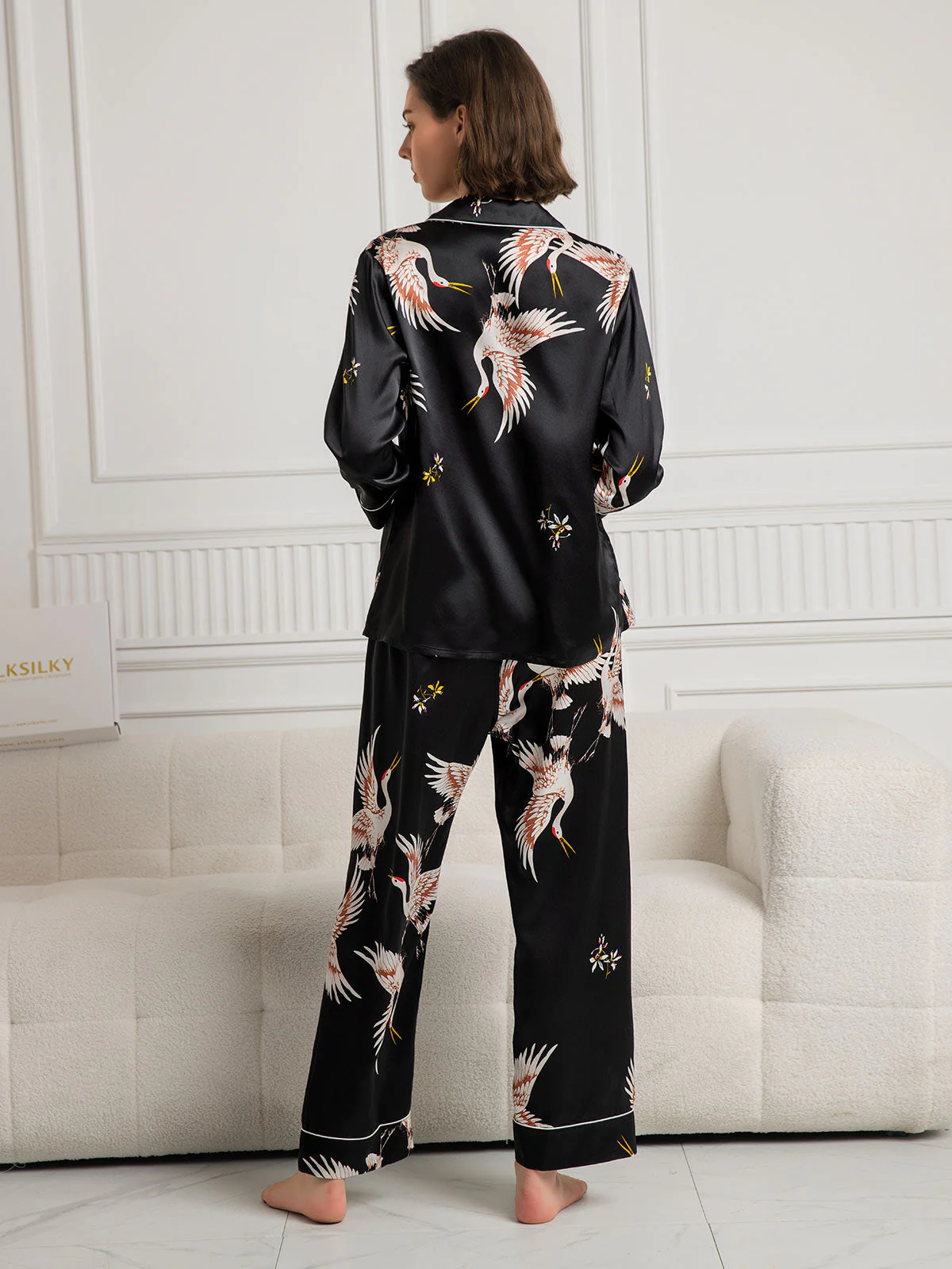 Ensemble De Pyjama En Soie Pure 19Momme Pour Femme À Revers Et À Manches Longues Avec Imprimé Grue - Image 26