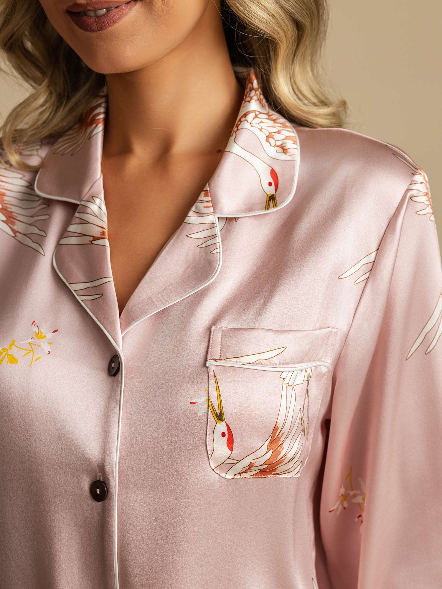 Ensemble De Pyjama En Soie Pure 19Momme Pour Femme À Revers Et À Manches Longues Avec Imprimé Grue - Image 4