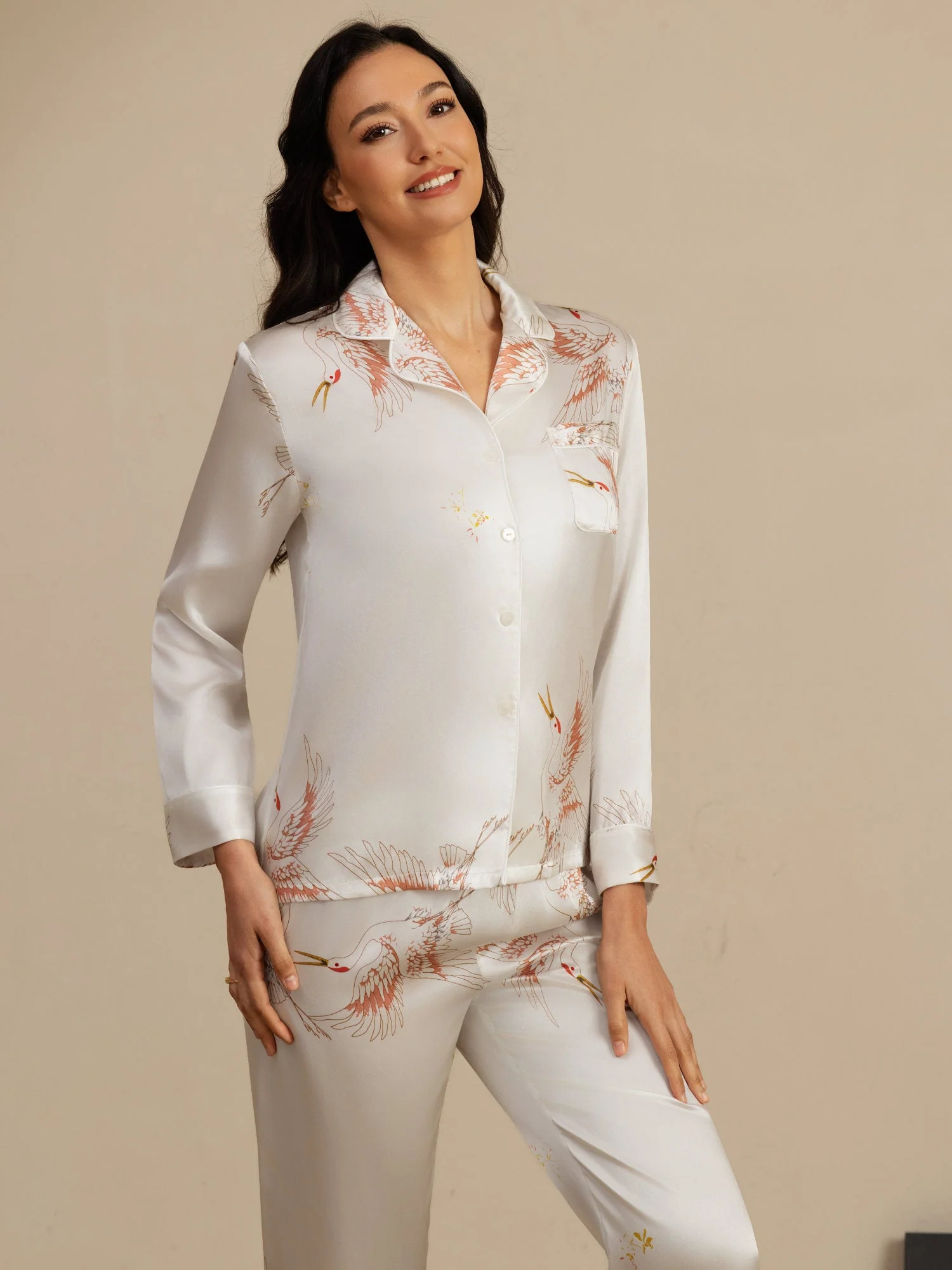 Ensemble De Pyjama En Soie Pure 19Momme Pour Femme À Revers Et À Manches Longues Avec Imprimé Grue - Image 46