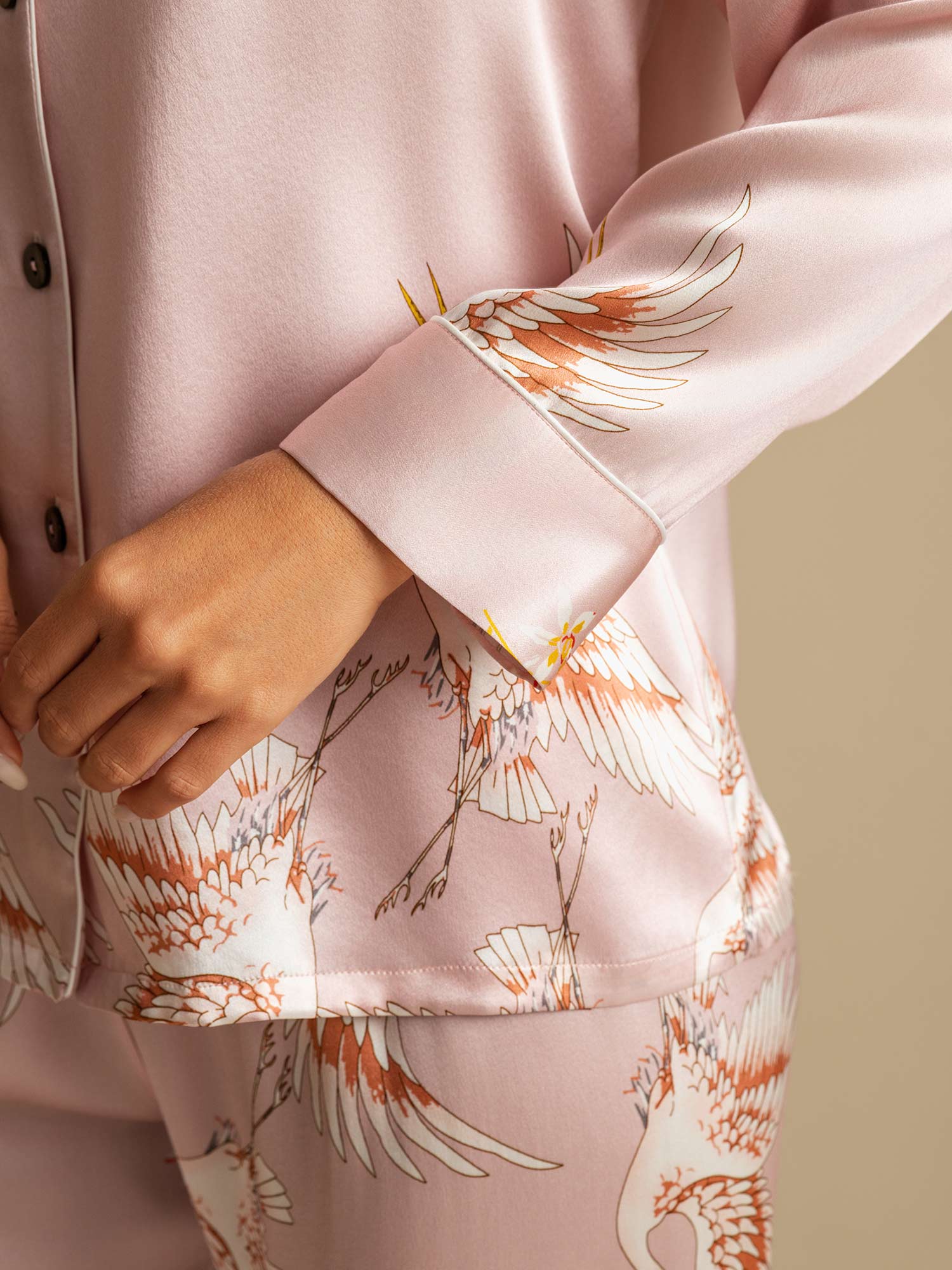 Ensemble De Pyjama En Soie Pure 19Momme Pour Femme À Revers Et À Manches Longues Avec Imprimé Grue - Image 5