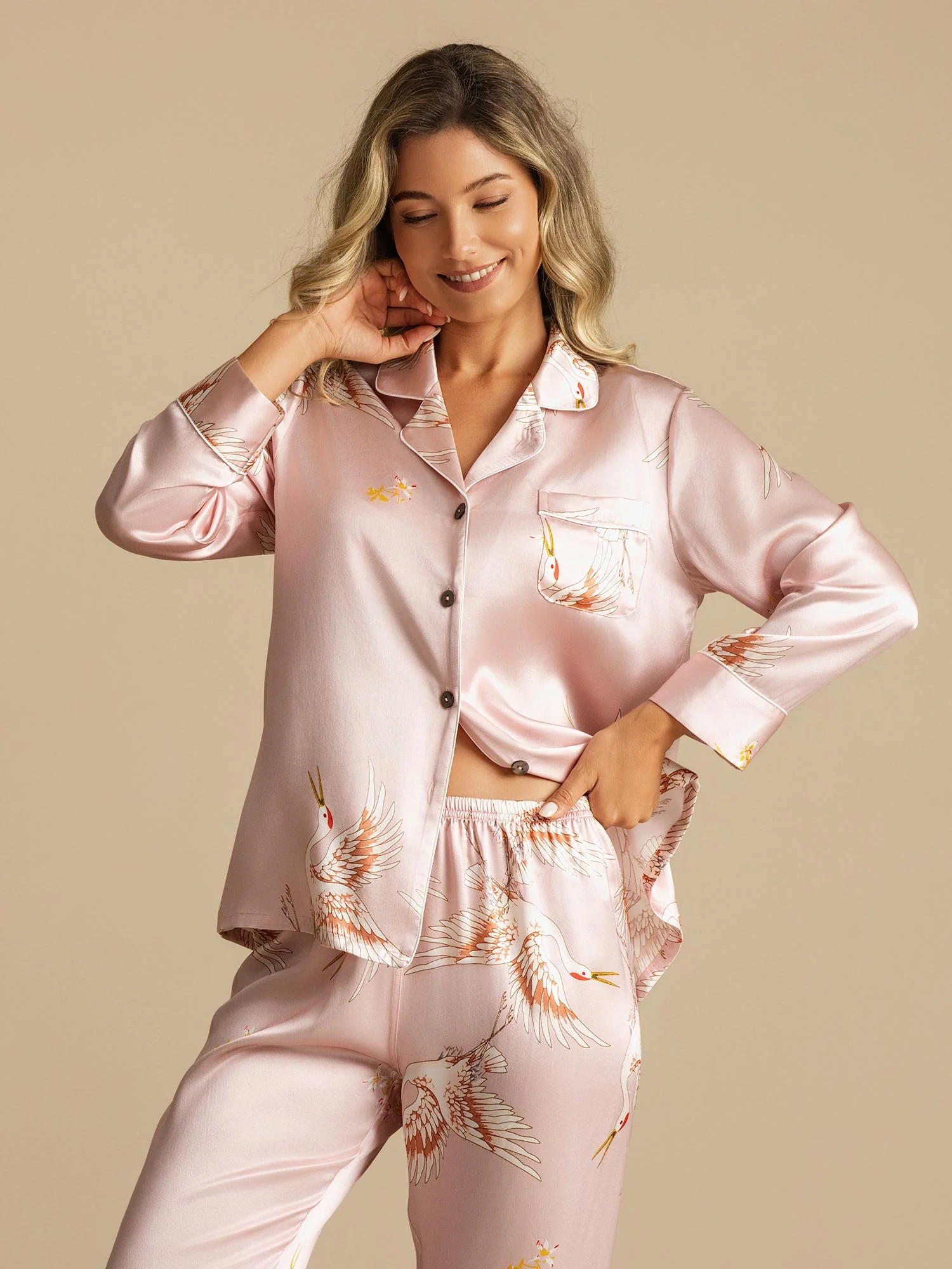 Ensemble De Pyjama En Soie Pure 19Momme Pour Femme À Revers Et À Manches Longues Avec Imprimé Grue - Image 8